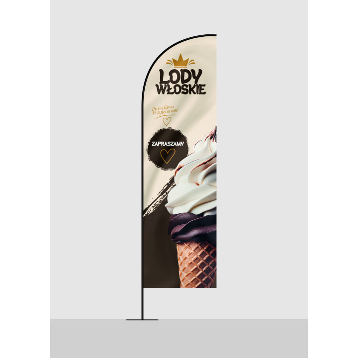 Żagiel, flaga reklamowa lodziarni, LODY | JEST