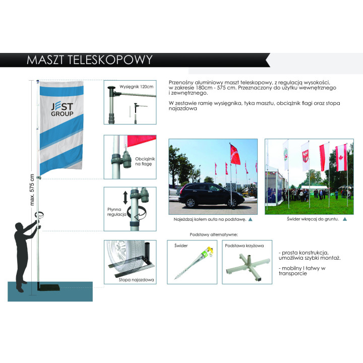 Maszt teleskopowy 5,75m z wysięgnikiem - mobilny maszt reklamowy